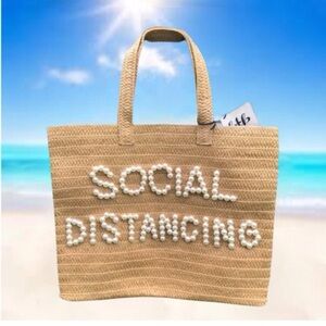 BEYOND THE BEACH Social Distancing Paper Straw Tote Bag with Pearls *BNIP